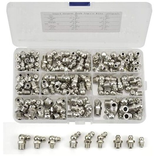 115-Piece Grease Fitting Assortment, M6 M8 M10 Threaded Nickel-Plated Iron Straight and 45°/90° Elbow Grease Fittings for Mechanical Equipment