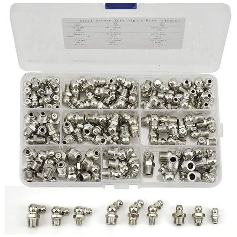 115 grease fittings, M6 M8 M10 threaded fittings in nickel-plated iron, straight/angled 45° and 90°, for industrial mechanical equipment