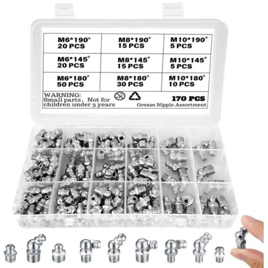 170-Piece Screw-On Grease Fitting Kit, Assorted Metric Grease Fittings M6 M8 M10, Straight and Angle 45° and 90° Grease Fittings, Hydraulic Grease Gun