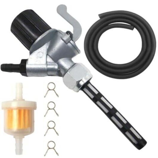 Fuel tap kit with 1 meter fuel hose Ø 5 mm, fuel tap for Simson S51, 6 mm fuel filter, 4 fuel hose clamps for Simson S50 S51 S53 S70 S83 SR1 SR2 MZ ES