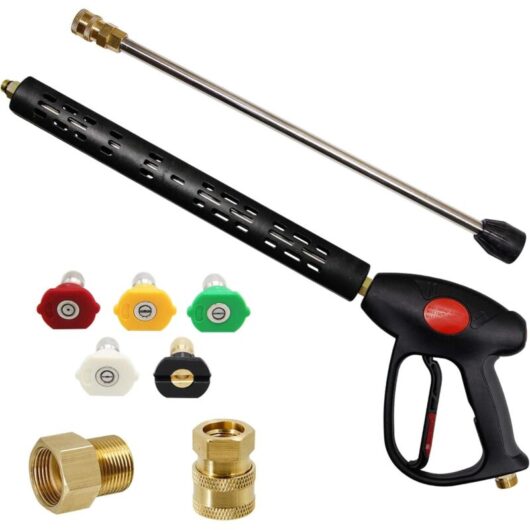 Odipie - Replacement Pressure Washer Gun with 16 Inch Extension Wand, 4000 psi, Pressure Washer Gun with M22-15mm or M22-14mm Fitting, 5 Nozzle Tips,
