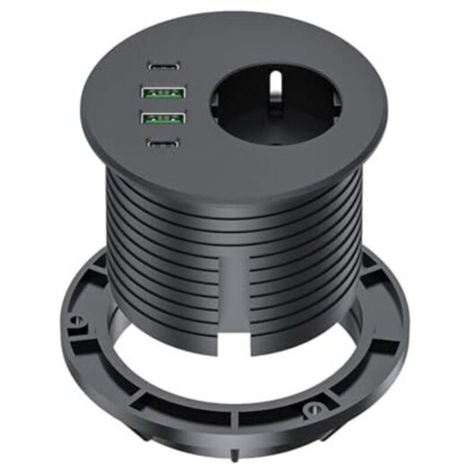 Recessed power strip with 65W USB-C port, desktop power strip equipped with 1 Schuko socket, 2 USB-A ports, 2 USB-C ports and a 2m power cable,