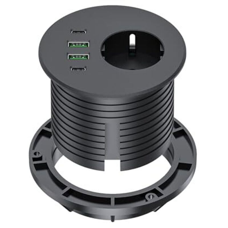 Recessed power strip with 65W USB-C port, desktop power strip equipped with 1 Schuko socket, 2 USB-A ports, 2 USB-C ports and a 2m power cable,